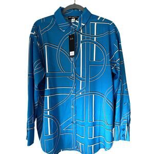 Karl Lagerfeld Paris Blue Logo Print Button Front Blouse Shirt Sz S or M